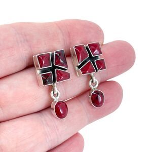Vintage Sterling Silver 925 Red Jasper Dangle Statement Earrings